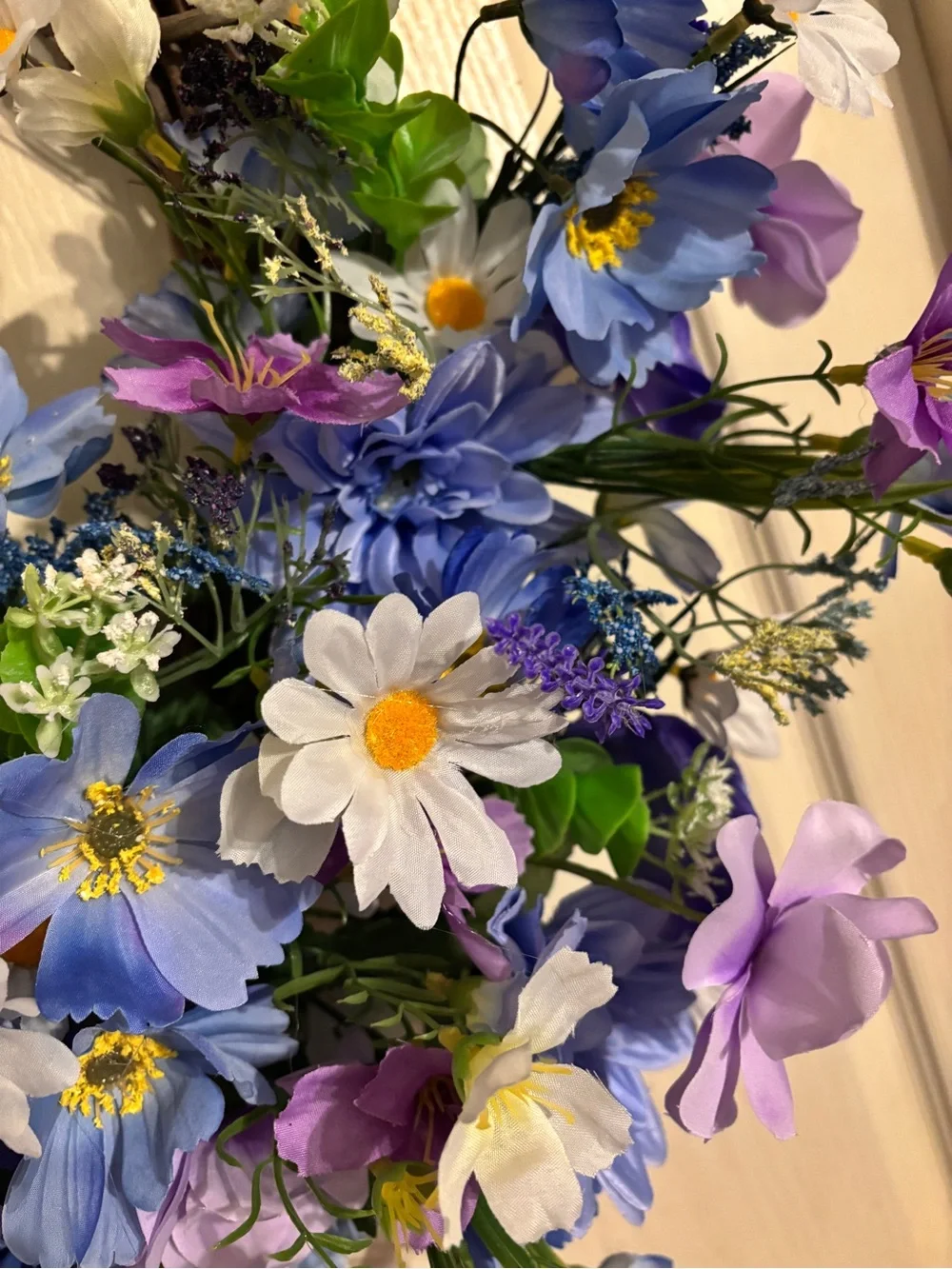 Spring Bunny Floral Wreath - Blue, White & Purple Faux Flowers
